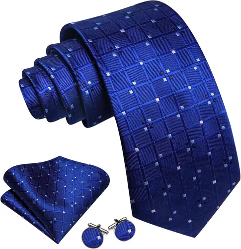Miniatura 145 de Barry.Wang Juego de corbatas a cuadros para hombre con pañuelo gemelos de rayas clásicas