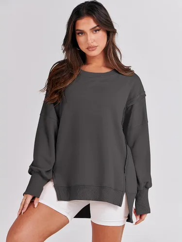 Miniatura 2 de ANRABESS Sudaderas de gran tamaño para mujer, con cuello redondo, manga larga, casuales y holgadas, con aberturas, ropa de otoño 2025