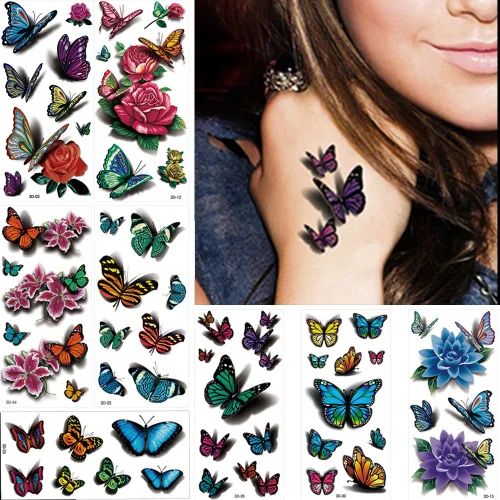 Glaryyears Tatuajes de mariposa 3D para mujeres y niñas, paquete de 8 tatuajes falsos de diseño floral, tatuajes realistas de larga duración que se