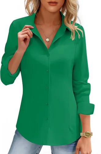 Miniatura 13 de HOTOUCH Camisas de mujer con botones de manga larga, camisa de vestir ajustada, blusas de trabajo, cuello, elegantes, casuales, de negocios