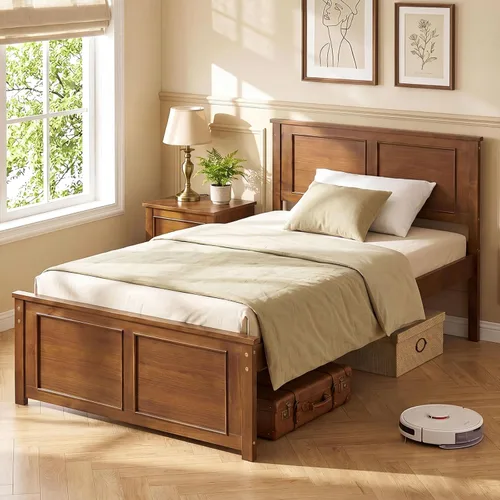 Miniatura 12 de Giantex Marco de cama de plataforma de madera maciza de tamaño matrimonial, marco de cama matrimonial de mediados de siglo con cabecero, soporte