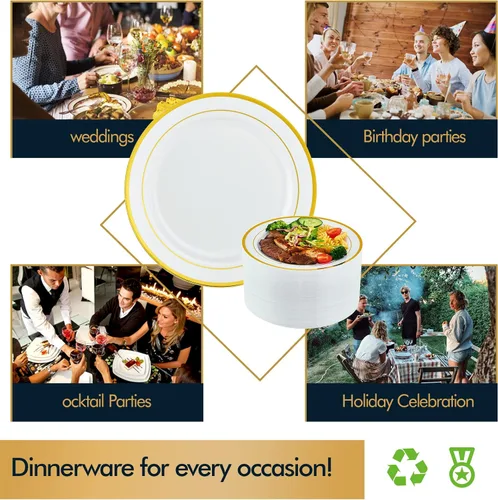 Miniatura 5 de Vplus 100 piezas de platos de plástico dorados de 10 pulgadas desechables, platos de plástico resistentes blancos elegantes y duraderos con borde