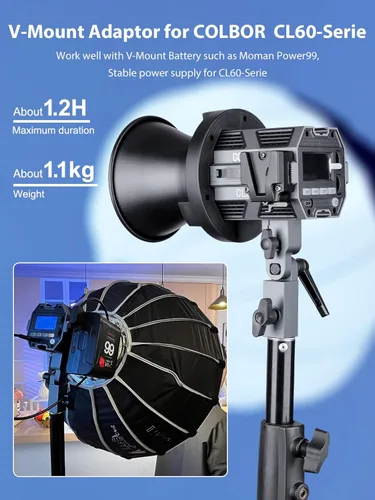 Miniatura 3 de Colbor CL60+VM2 65W COB Luz continua 2700K-6500K Luz de video LED con adaptador de montaje en V y cable D-Tap a Tipo-C, luz diurna con aplicación