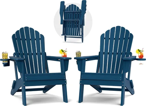 Plawdlik Silla Adirondack plegable de gran tamaño, silla de patio HDPE para todo tipo de clima con 2 soportes para tazas, asiento ancho de respaldo