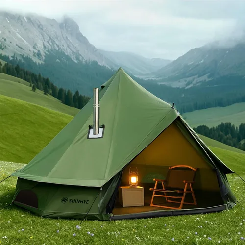 Miniatura 14 de Tienda de campaña Bell Yurt con gato de estufa, tienda de campaña de lujo impermeable para 4 estaciones, tela Oxford 420D, tiendas de campaña verde