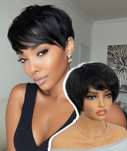 Miniatura 16 de QUEEN VIRGIN REMY QVR Pixie Cut Wig Human Hair Wigs with Bangs Short Wigs for Black Women Human Hair Different Style Pixie Wig for Daily Wear Black