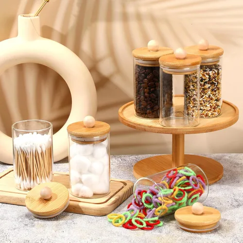 Miniatura 4 de Paquete de 6 tarros de boticario de vidrio con tapas, accesorios de baño de bambú, bolas de algodón, almohadillas para hisopos, frascos de baño