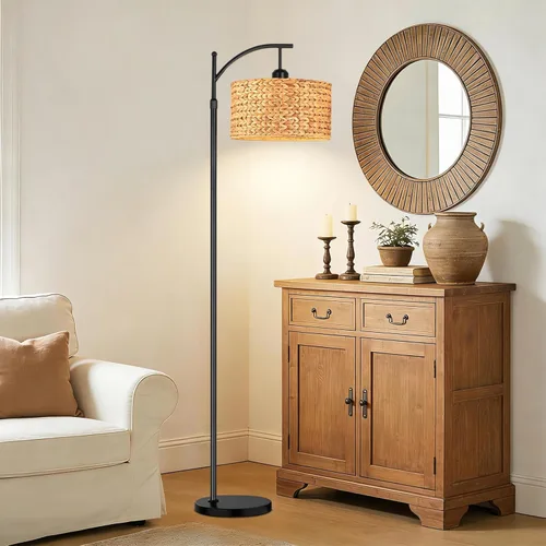 Miniatura 3 de QIYIZM Lámpara de pie para sala de estar, dormitorio, estilo granja, arco, ratán, boho, lámpara de pie con control remoto regulable, pantalla