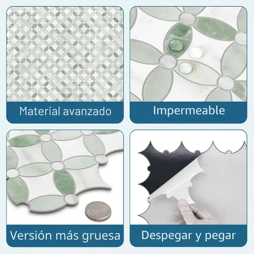 Miniatura 3 de SUNWINGS Azulejo de Salpicadero de 10 Hojas Despegar y Pegar Coin Waterjet, 11.2" x 11.2" Aspecto de Mármol Verde Azulejo Autoadhesivo de Pared