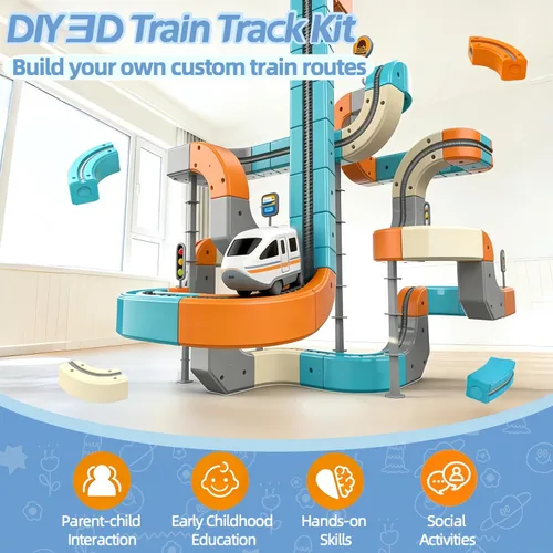 Miniatura 2 de Juego de tren eléctrico 3D para niños, pista de carreras de gravedad mágica con aprendizaje STEM, cubos y bloques flexibles, juguete para niños