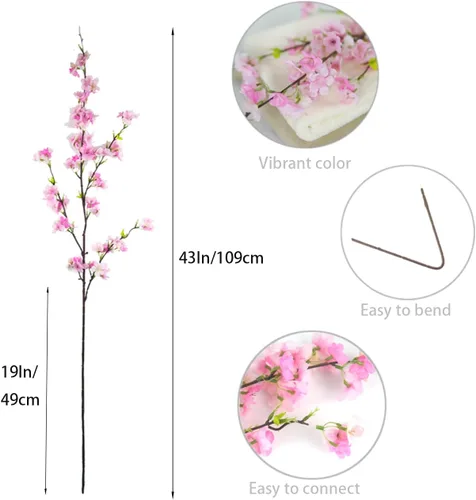 Miniatura 5 de 4 flores artificiales de cerezo de 43 pulgadas de largo para decoración de flores de cerezo para decoración del hogar, boda al aire libre (rosa)