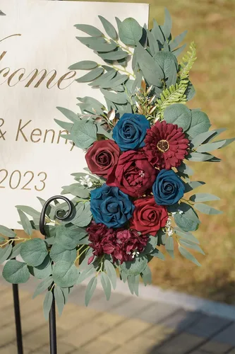 Miniatura 6 de ponatia Flores de Arco de Boda (Paquete de 2), Flores Borgoña y Azul Marino para Decoraciones de Boda, Señales de Bienvenida, Arcos de Boda