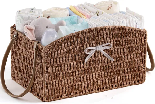 Miniatura 8 de HBlife Organizador de Caddy de Pañales, Cesta de Almacenamiento Grande Tejida a Mano para Pañales y Artículos Esenciales del Bebé - Diseño Curvo