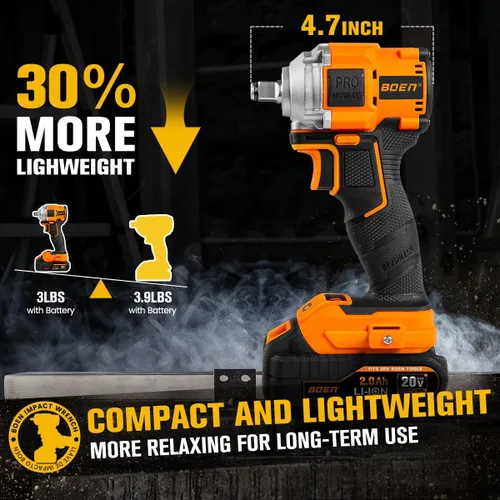 Miniatura 2 de boen 260FT-LBS(350N.m) Llave de impacto inalámbrica 1/2 pulgada, pistola de impacto eléctrica sin escobillas ligera, 2500RPM para reparación