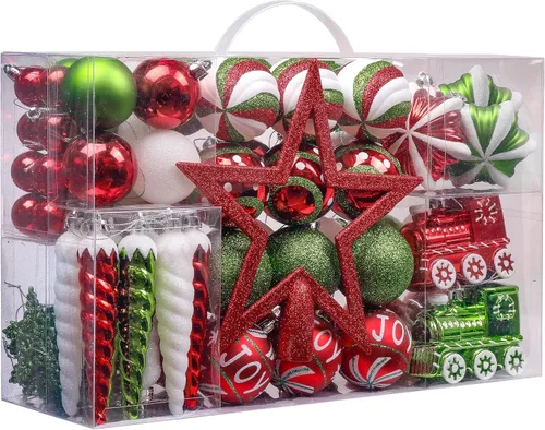 Valery Madelyn Juego de adornos de Navidad, 100 unidades, color rojo, verde y blanco, irrompibles, decoración de árbol de Navidad, adornos variados