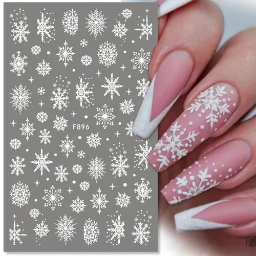 Miniatura 5 de Calcomanías de arte de uñas de copo de nieve, calcomanías de copo de nieve blanco 3D, diseños de Navidad, calcomanías de uñas autoadhesivas