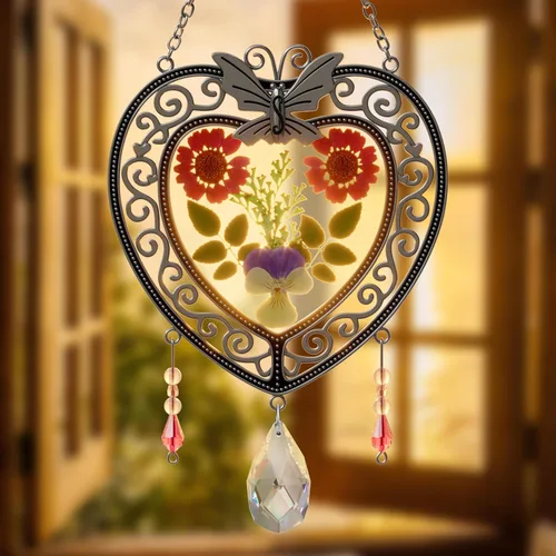 Miniatura 3 de KY&BOSAM Atrapasoles de cristal con forma de corazón, árbol de la vida, paneles de vitrales, colgantes de flores reales para ventanas, hogar