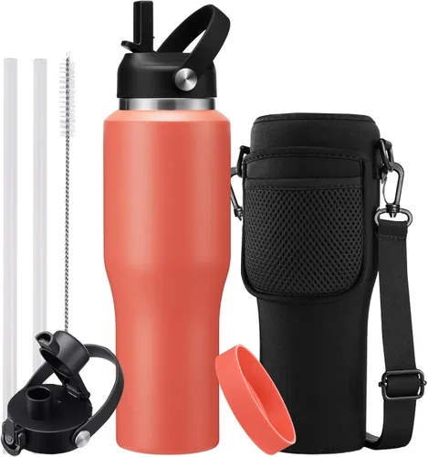 Miniatura 26 de Botella de agua de acero inoxidable de 32 onzas, frío-48 horas y caliente-24 horas, termo con popote y tapas de boquilla, bolsa, botella aislada al