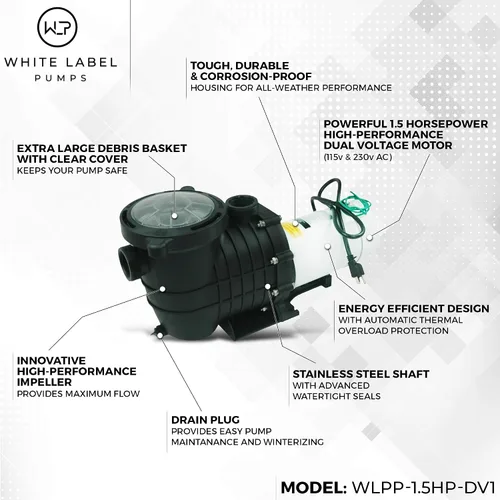 Miniatura 4 de WHITE LABEL Bomba de piscina en tierra - 110-120V/220-240V, 1.5HP, 110GPM, enchufe de pared