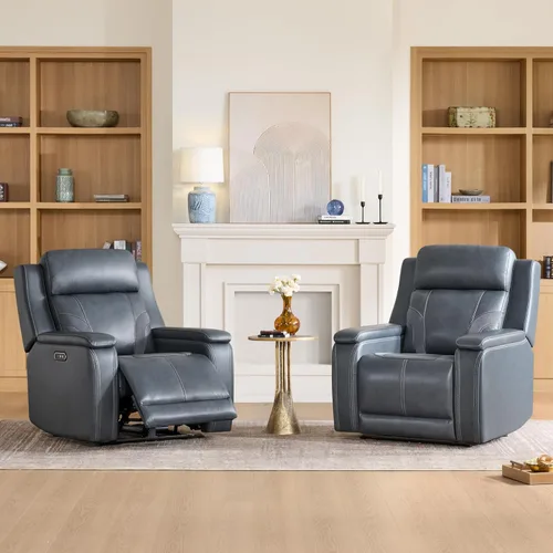 Miniatura 2 de Watson & Whitely Sillas reclinables eléctricas de cuero genuino para adultos, sillón reclinable completamente plano con apoyacabeza eléctrico y Azul