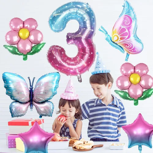 Miniatura 5 de Sowide Globo de mariposa para decoraciones de tercer cumpleaños, globos de mariposa, globos de mariposa rosa degradada, globo de Mylar