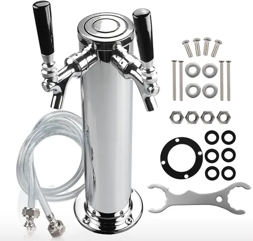 PERA Torre de cerveza de doble grifo, dispensador de barril de cerveza de acero inoxidable de 3 pulgadas de diámetro con llave y línea de cerveza