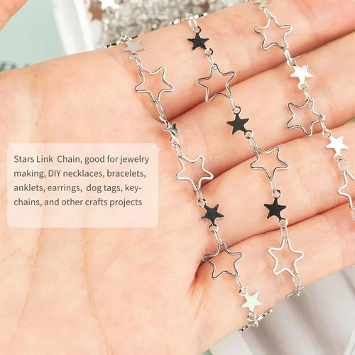 Miniatura 5 de YOUBEIYEE Cadena de 16.4 pies / 16.4 ft para hacer joyas, cadena de eslabones huecos de latón chapado en plata con forma de estrella hueca, collar