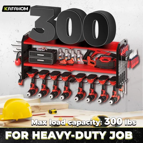 Miniatura 5 de KAFAHOM Organizador de herramientas eléctricas, soporte de pared grande para 8 taladros con 2 tableros de clavijas laterales, estante de Rojo