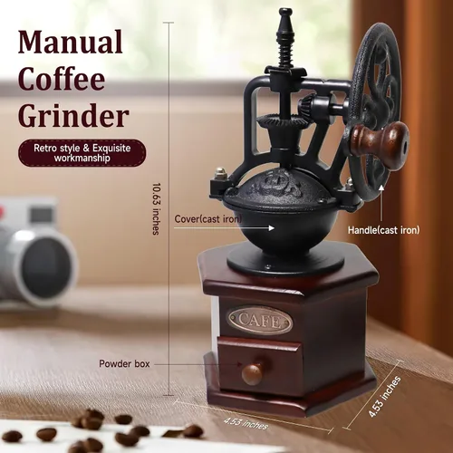 Miniatura 5 de Molinillo de café manual de madera vintage, molinillo de granos de café, molinillo de mano con rodillo, molinillo de café antiguo para hacer café