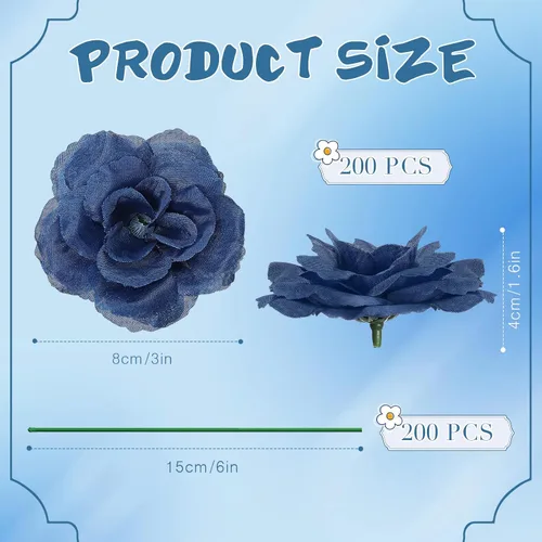 Miniatura 2 de 200 flores artificiales de seda falsa de 3 pulgadas con tallo de esmeralda, rosa sintética y tallo de 6 pulgadas para boda, ramo de novia, Azul