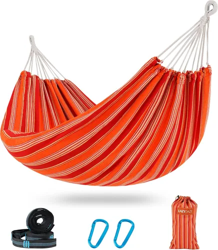 Miniatura 12 de Lazy Daze Hammocks Hamaca doble brasileña de algodón, extra grande, portátil, para acampar al aire libre, con correas para árboles y bolsa de viaje