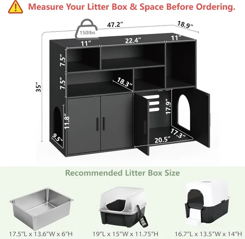 Miniatura 4 de Amunbrek - Caja de arena doble con alfombrilla para arañazos y luz con sensor de movimiento, moderna caja de arena de madera para 2 cajas de arena