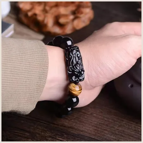 Miniatura 31 de Pulsera de obsidiana negra, pulsera de obsidiana negra Feng Shui para mujeres y hombres, pulsera elástica de obsidiana con piedra de ojo de tigre