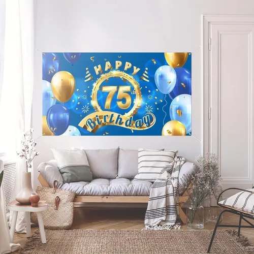 Miniatura 3 de 5665 Cartel de fondo de feliz cumpleaños 75, decoración azul con texto en inglés "Cheers to 75 años" para fiestas temáticas para hombres y mujeres