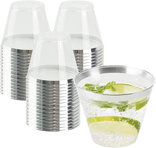 Miniatura 9 de QPEY Paquete de 50 vasos de plástico con borde de oro rosa, vasos desechables de 9 onzas de oro rosa de alta calidad, copas de vino de plástico duro