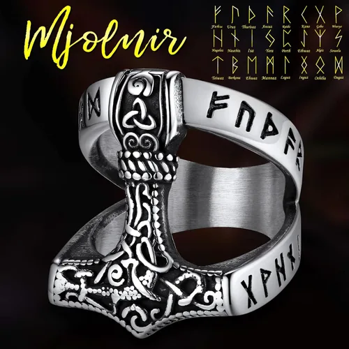 Miniatura 3 de FaithHeart Norse Viking Jewelry - Anillo de acero inoxidable de guerrero para hombre con diseño vikingo de cabeza de lobomartillo de Thor