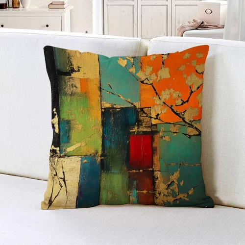Miniatura 2 de IBILIU Fundas de almohada de 18 x 18 pulgadas con diseño de arte grunge, color verde, rojo y dorado, pintura de óxido, fundas de cojín de lino