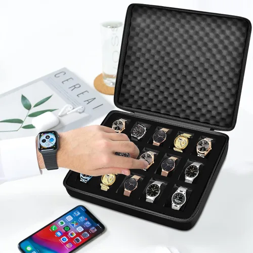 Miniatura 6 de 15 ranuras reloj caja organizadorhombres reloj pantalla caja de almacenamiento se adapta a todos los relojes de pulsera y relojes inteligentes