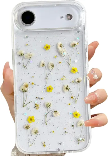 Miniatura 58 de LSEEKA Funda transparente para iPhone 13 Mini/iPhone 12 Mini con diseño de flores reales prensadas, con purpurina, bonito patrón floral blanco, Oro