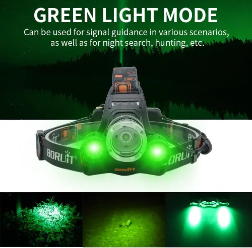 Miniatura 3 de BORUIT Linterna frontal LED recargable RJ-3000 súper brillante con luz verde, 3 modos de lámpara de cabeza USB súper brillante IPX4 faro impermeable