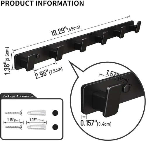 Miniatura 2 de Perchero de Pared para Abrigos con Soporte de Pared - Perchero Negro con 6 Ganchos, Ganchos de Pared para Colgar Sombrero, Llave, Bolso, Toalla