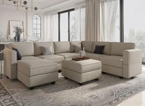 Miniatura 22 de Belffin Sofá modular en forma de U con tumbonas reversibles, de terciopelo, con asiento de almacenamiento, color negro