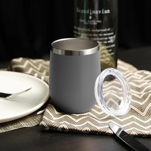 Miniatura 5 de DOMICARE - Vaso de vino de 12 onzas con tapa, hecho de acero inoxidable con aislamiento al vacío de doble pared, paquete de 1 unidad, color gris