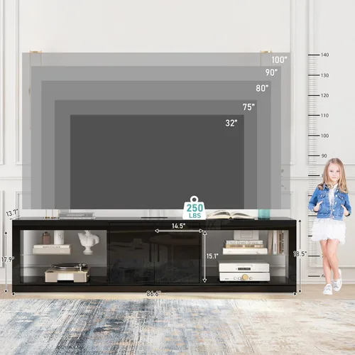 Miniatura 5 de Vinctik 6&Fox Soporte de TV LED de 70 pulgadas para TV de 80/75 pulgadas, centro de entretenimiento negro moderno con estantes de vidrio ajustables