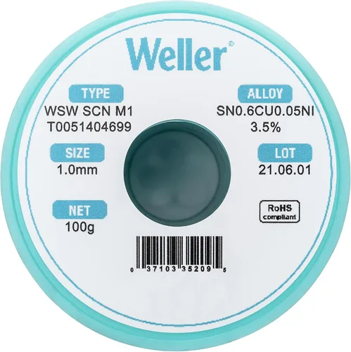 Miniatura 2 de Weller WSW SCN M1 (T0051404699) Alambre de soldadura, diámetro: 1,0 mm / 0,039 in, peso: 100 g / 3,527 oz, aleación Sn99.3Cu0.6Ni0.05, contenido