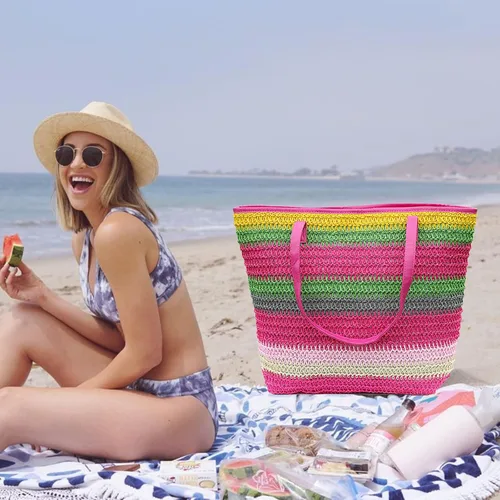 Miniatura 45 de Bolso grande de paja para mujer, tejido de ratán, bolso de playa de verano, a rayas
