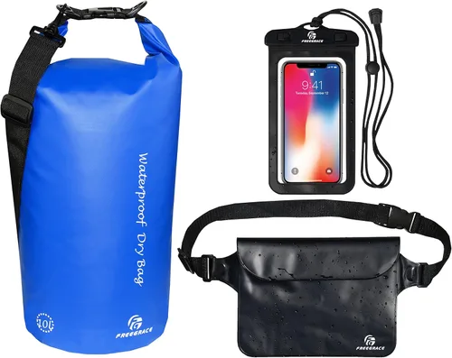 Freegrace - Juego de 3 bolsas impermeables: bolsa con 2 cierres de cremallera y correa de hombro desmontable, riñonera y funda para teléfono; Azul