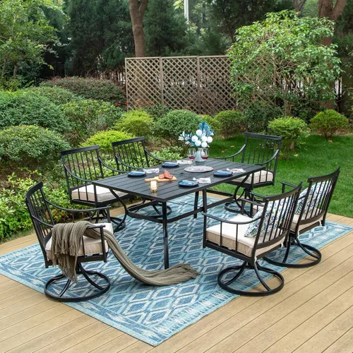 Miniatura 10 de MFSTUDIO Juego de comedor de 5 piezas de metal para patio, juego de muebles para exteriores con 1 mesa cuadrada de madera y 6 sillas de respaldo