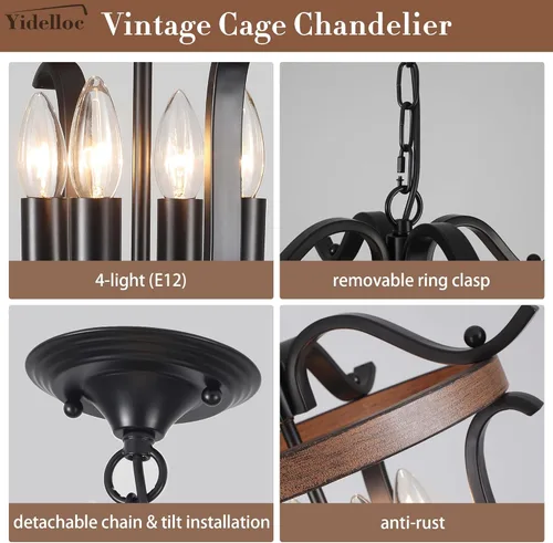 Miniatura 7 de Candelabro Negro de Granja de 4 Luces, Candelabros de Jaula Vintage Base E12 Accesorios de Iluminación de Techo Montaje Semi Empotrado Lámpara