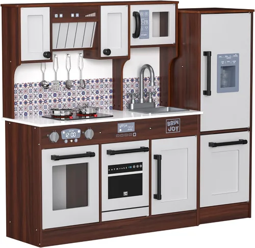 BRINJOY Juego de cocina de madera para niños de 2 piezas, juego de cocina de madera para niños pequeños, cocina de simulación modular con estufa,